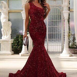 Burgundy Preppy Womens One Shoulder Mermaid Hem Sequin Formal Dress